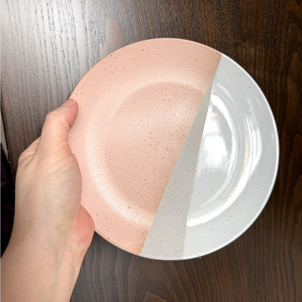 NWT Crate & Barrel Shae Salad Plate peach ivory grey speckled matte and glazed